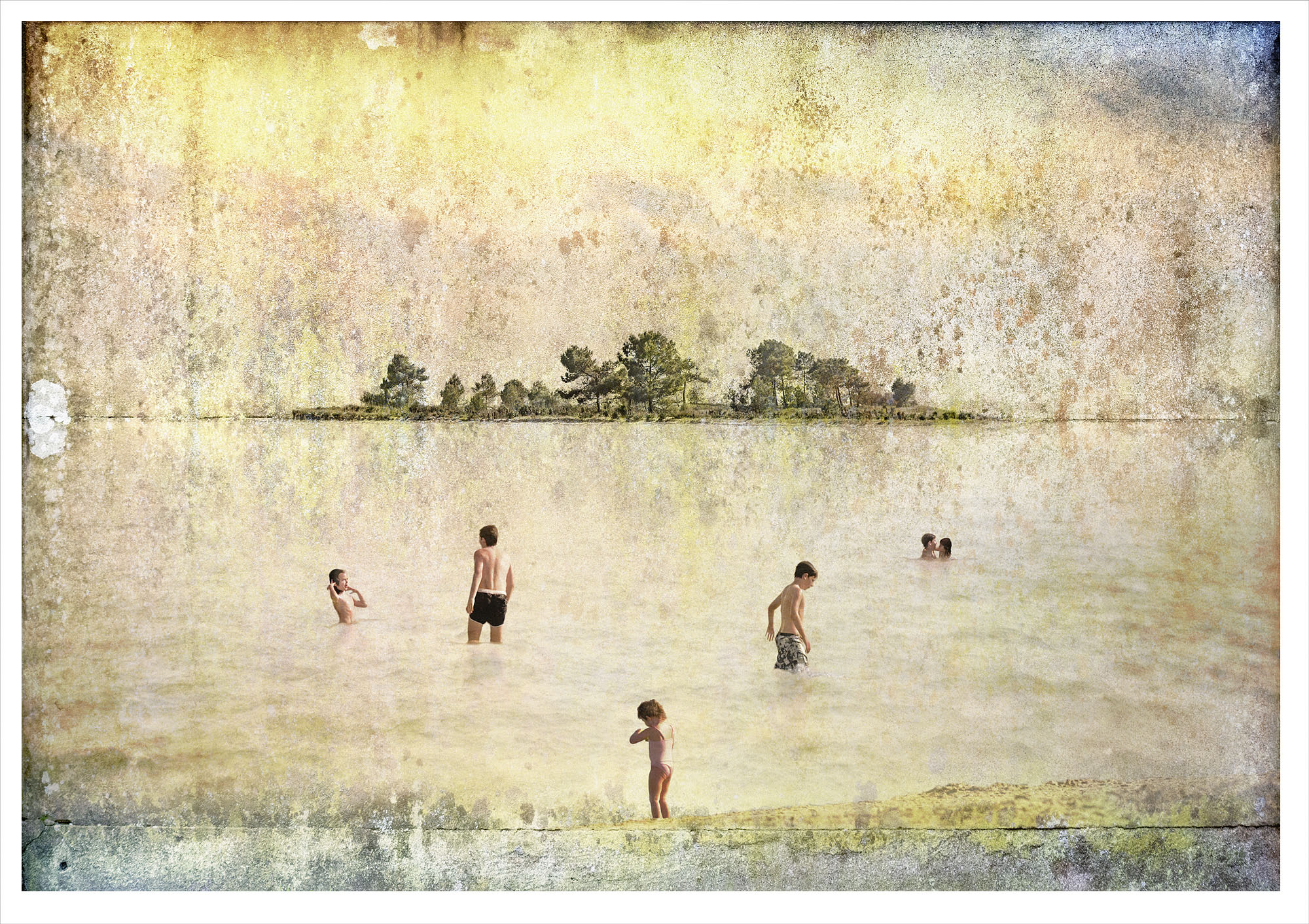 6 people in sea in a v formation. An island with trees ia cemtred on the horizon. The Whole image is textred and features warm tones