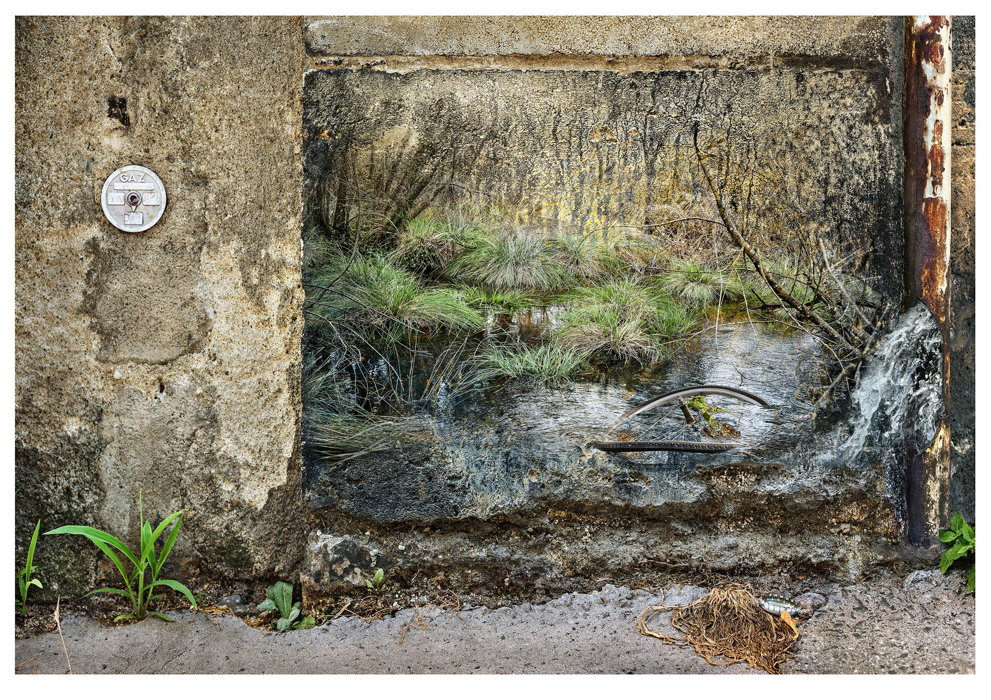 6th composite photograph in series: on a wall a gentle woodland stream scene is superimposed all spoiled by a buckled bicycle wheel discarded in the water