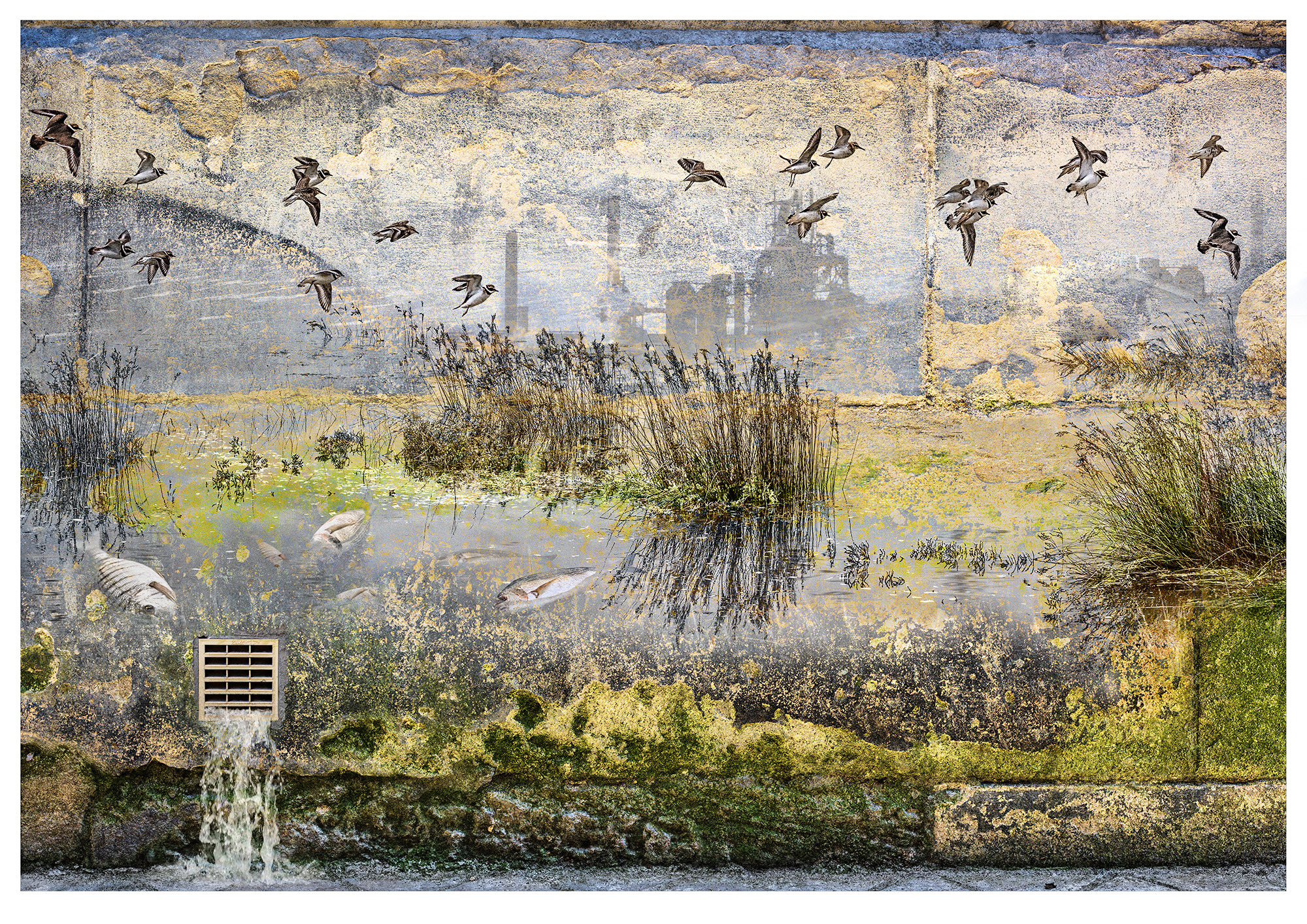 No. 7: A river landscape scene overlaid on textured wall. The river has floating dead fish while overhead birds fly away